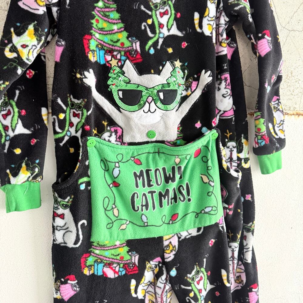 Christmas Fleece Pajamas Cat Meowy Catmas Union Suit One Piece Drop Seat Women M